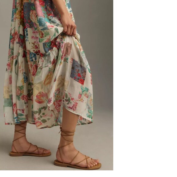 Anthropologie Floral Patchwork Midi Dress in Cream, Pink, Green, Blue - Picture 2 of 6